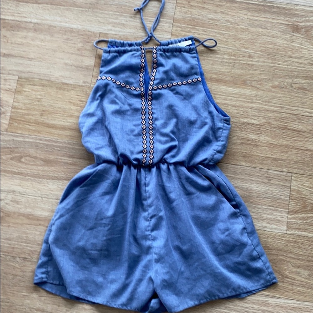 Chambray embroidered romper with pockets
